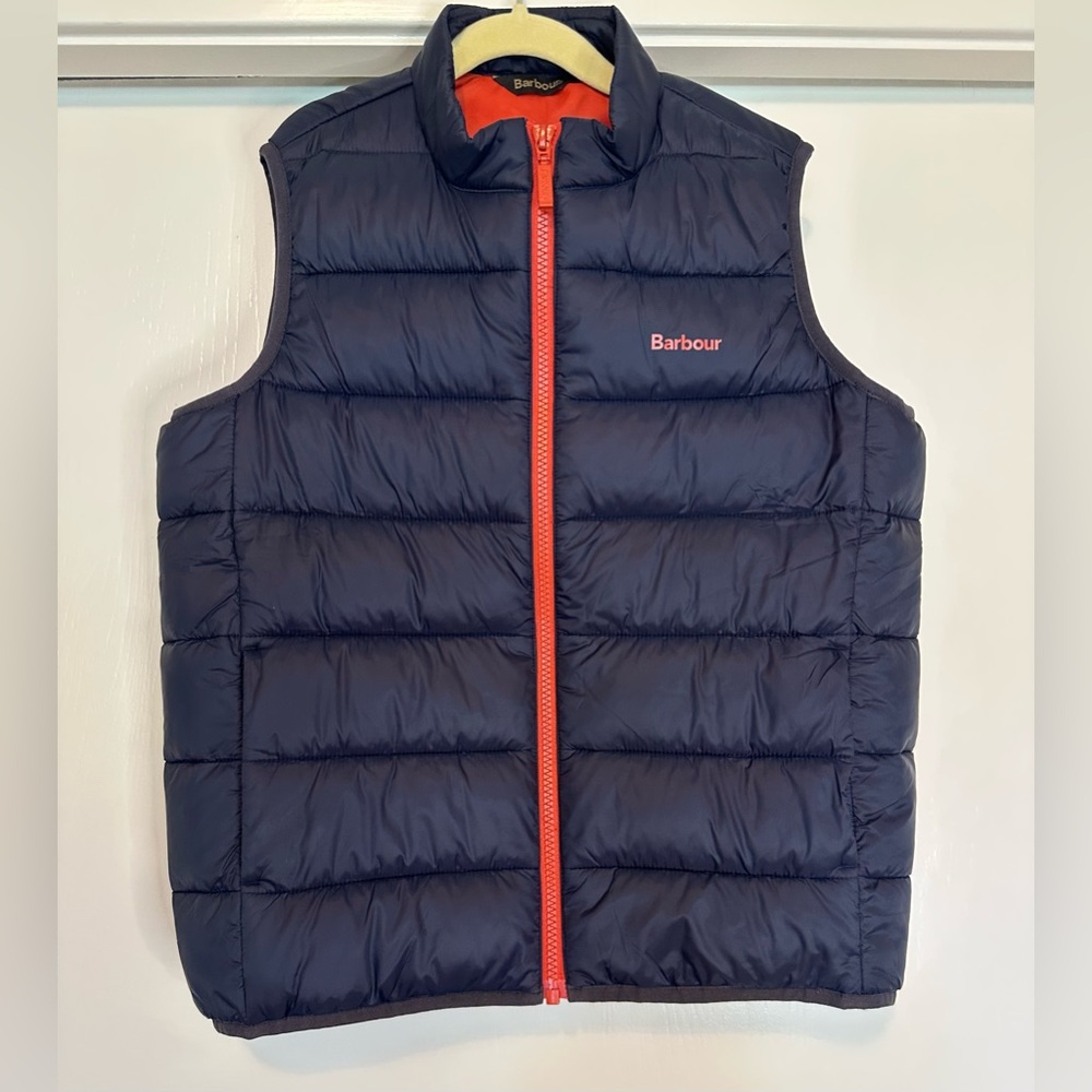 Barbour Boys Navy and Orange Quilted Vest with Stand-Up Collar Size XL - Picture 2 of 7
